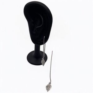 Feather Threader Earrings‎ Long Chain Drop Dangle 925 Silver Leaf Elegant